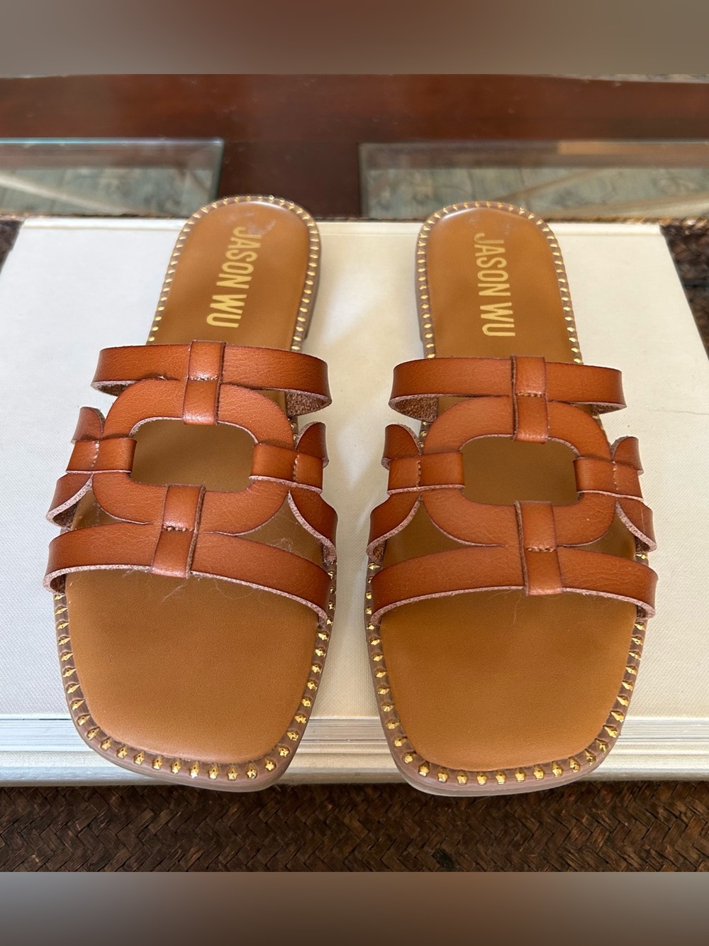 Jason Wu Cognac Leather Woven Slide Sandals